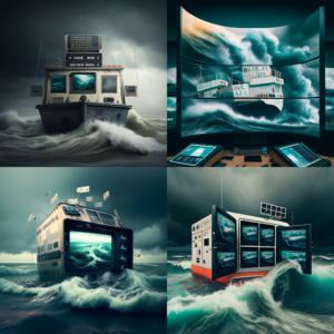 AI Image creator, MidJourney's depiction of "data helping to navigate a storm."